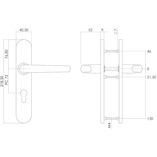 Intersteel deurklink Sabel op schild profielcilindergat 72 mm INOX geborsteld - Technische tekening