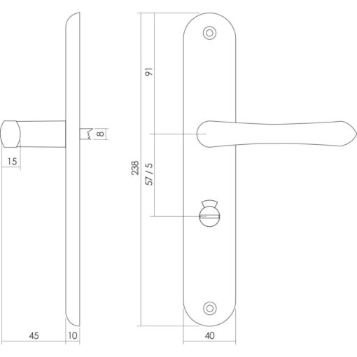 Intersteel deurklink Saturnus op schild toilet-/badkamersluiting 57 mm nikkel mat - Technische tekening