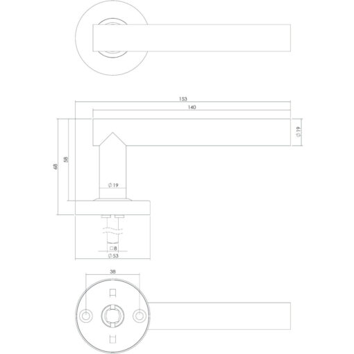 Intersteel deurklink Staf op rozet net ring met veer INOX geborsteld - Technische tekening