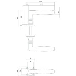 Intersteel deurklink Ton 400 met vierkant rozet nikkel/ebbenhout - Technische tekening