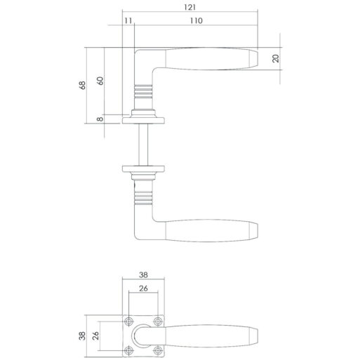 Intersteel deurklink Ton 400 met vierkant rozet nikkel/ebbenhout - Technische tekening