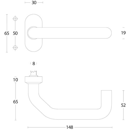 Intersteel deurklink Verkropt op ovaal rozet met ring INOX geborsteld - Technische tekening
