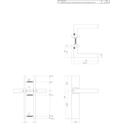 Intersteel deurklink Vierkant op rechthoek schild blind INOX geborsteld - Technische tekening