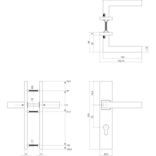 Intersteel deurklink Vierkant op rechthoekig schild profielcilindergat 72 mm INOX geborsteld - Technische tekening