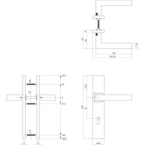 Intersteel deurklink Vierkant op rechthoekig schild sleutelgat 56 mm INOX geborsteld - Technische tekening