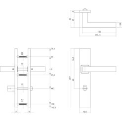 Intersteel deurklink Vierkant op rechthoekig schild toilet-/badkamersluiting 63 mm INOX geborsteld - Technische tekening