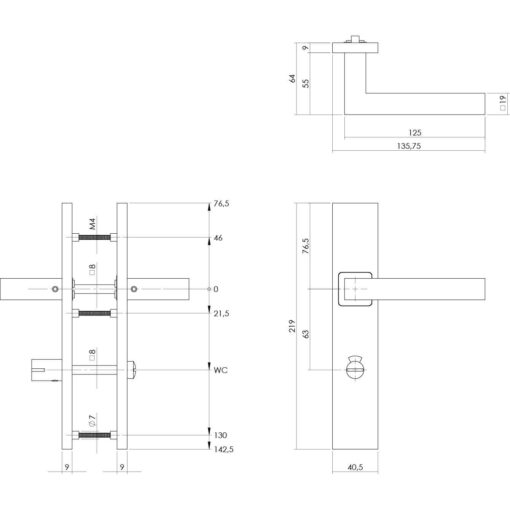 Intersteel deurklink Vierkant op rechthoekig schild toilet-/badkamersluiting 63 mm INOX geborsteld - Technische tekening
