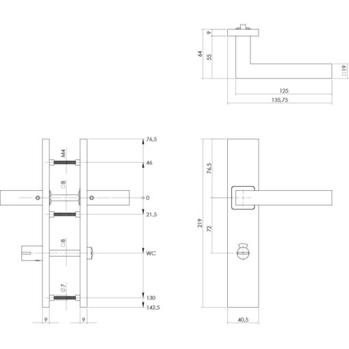 Intersteel deurklink Vierkant op rechthoekig schild toilet-/badkamersluiting 72 mm INOX geborsteld - Technische tekening