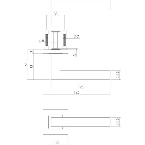 Intersteel deurklink Vierkant op vierkant rozet INOX geborsteld - Technische tekening