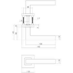 Intersteel deurklink Vierkant op vierkant rozet sleutelgat INOX geborsteld - Technische tekening