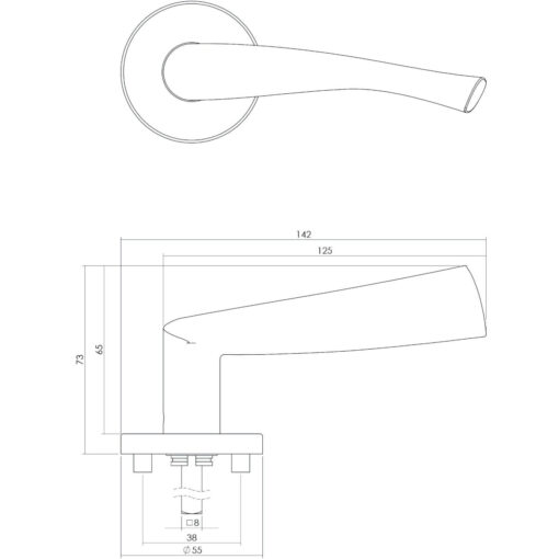 Intersteel deurklink Vlinder op rozet INOX geborsteld - Technische tekening