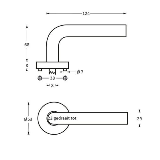 Intersteel deurklink Vlinder op rozet met 7 mm nok INOX geborsteld - Technische tekening