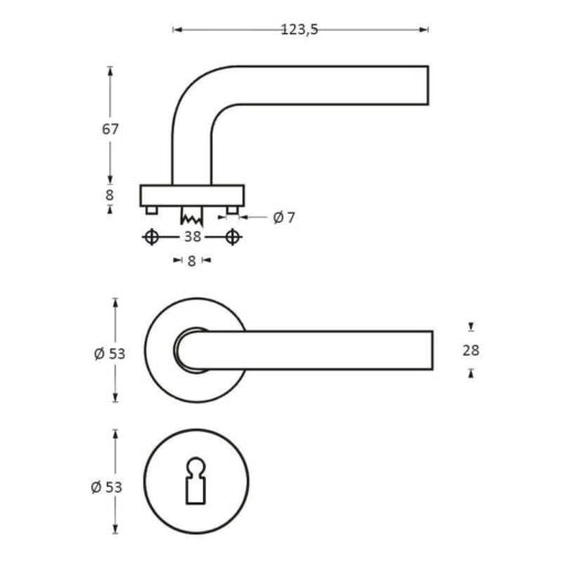 Intersteel deurklink Vlinder op rozet staal met 7 mm nok sleutelgat INOX geborsteld - Technische tekening