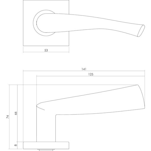 Intersteel deurklink Vlinder op vierkant rozet INOX geborsteld - Technische tekening