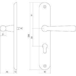 Intersteel deurklink Yvonne schild profielcilindergat 55 mm nikkel mat - Technische tekening