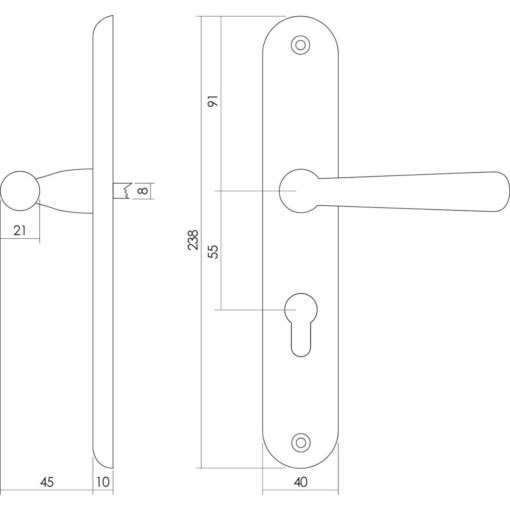 Intersteel deurklink Yvonne schild profielcilindergat 55 mm nikkel mat - Technische tekening