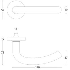 Intersteel deurklink half rond op rozet met ring met veer INOX geborsteld - Technische tekening
