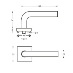 Intersteel deurklink ovaal L-hoek op vierkant rozet INOX geborsteld - Technische tekening