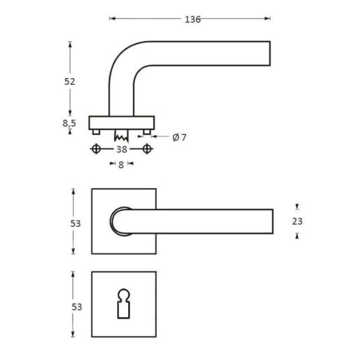 Intersteel deurklink ovaal L-hoek op vierkant rozet sleutelgat INOX geborsteld - Technische tekening