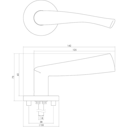Intersteel deurklink vlinder op rozet profielcilindergat INOX geborsteld - Technische tekening
