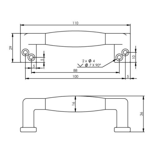 Intersteel kasttrekker 108 mm recht chroom - Technische tekening