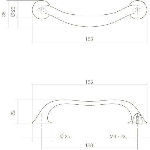 Intersteel kasttrekker 153 mm chroom - Technische tekening