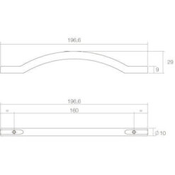 Intersteel kasttrekker Gebogen opliggend 197 mm nikkel mat - Technische tekening