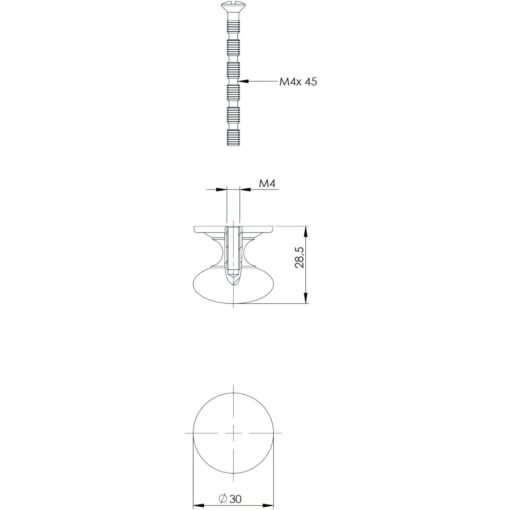 Intersteel kasttrekker Paddenstoel diameter 30 mm Koper gebruineerd - Technische tekening