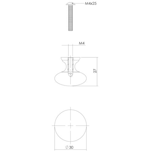 Intersteel kasttrekker Paddenstoel diameter 30 mm Koper gelakt - Technische tekening