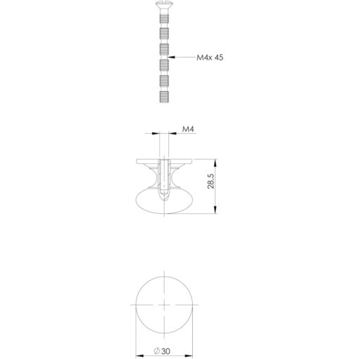 Intersteel kasttrekker Paddenstoel diameter 30 mm achterplaat Koper gelakt - Technische tekening