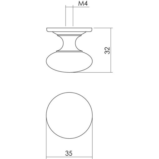 Intersteel kasttrekker Paddenstoel diameter 35 mm achterplaat Koper gelakt - Technische tekening