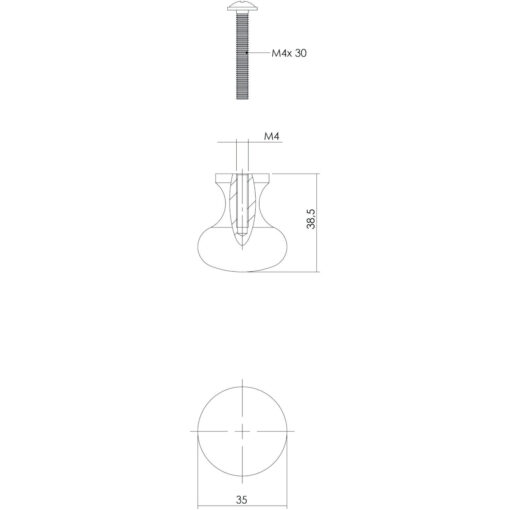 Intersteel kasttrekker Paddenstoel diameter 35 mm smeedijzer grijs - Technische tekening