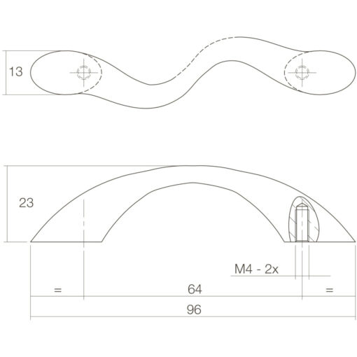 Intersteel kasttrekker S-vormig 95 mm chroom mat - Technische tekening