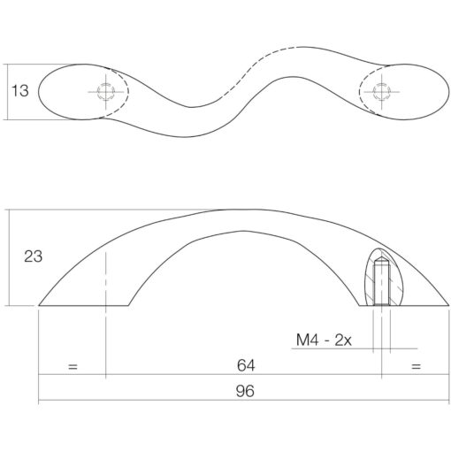 Intersteel kasttrekker S-vormig 96 mm nikkel mat - Technische tekening