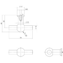 Intersteel kasttrekker T-vorm 20mm recht INOX geborsteld - Technische tekening