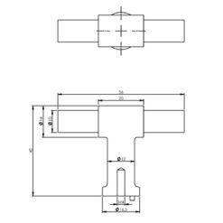Intersteel kasttrekker T-vorm 20mm recht/recht INOX geborsteld - Technische tekening