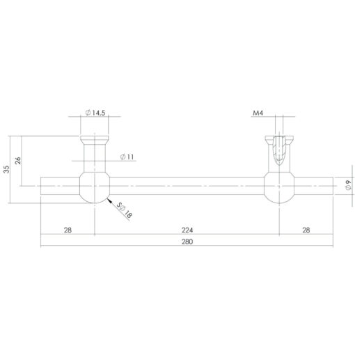 Intersteel kasttrekker T-vorm 280 mm - boormaat 224 mm INOX geborsteld - Technische tekening