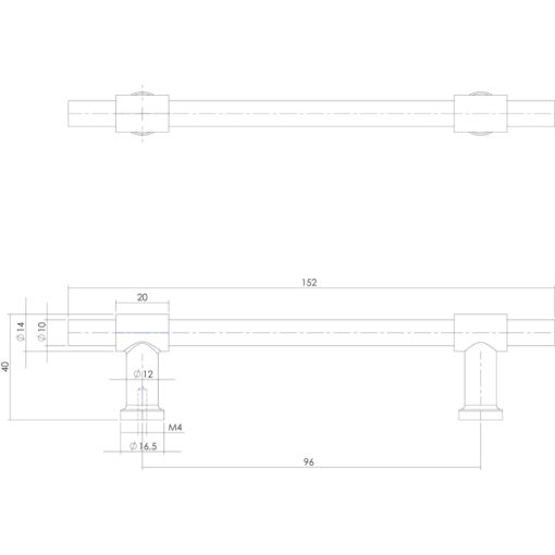 Intersteel kasttrekker T-vorm recht 152 mm INOX geborsteld - Technische tekening