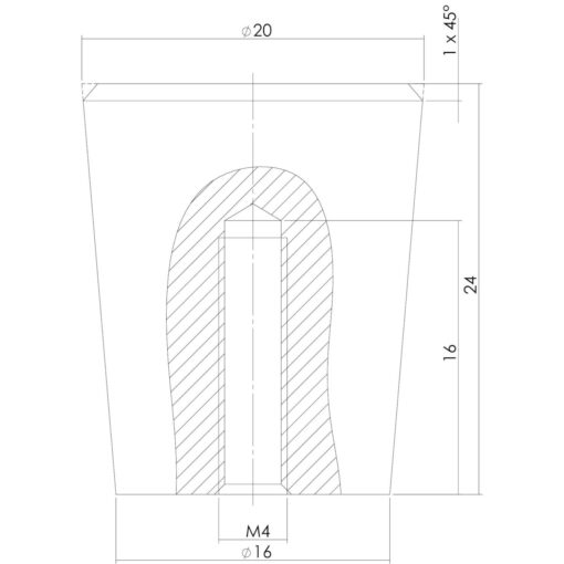 Intersteel kasttrekker diameter 20 mm conisch INOX geborsteld - Technische tekening