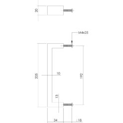 Intersteel kasttrekker rechthoek 205 mm INOX geborsteld - Technische tekening