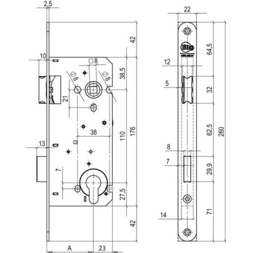 Litto A2653 cilinderslot 1-toerig - Technische tekening