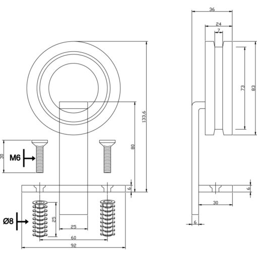 Set van 2 hangrollen 15,5 cm - RVS - Technische tekening