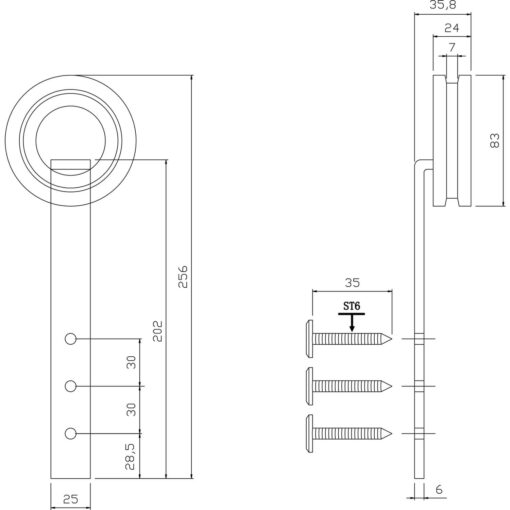 Set van 2 hangrollen 25,5 cm - Mat zwart - Technische tekening