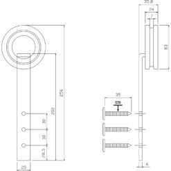 Set van 2 hangrollen 25,5 cm - RVS - Technische tekening