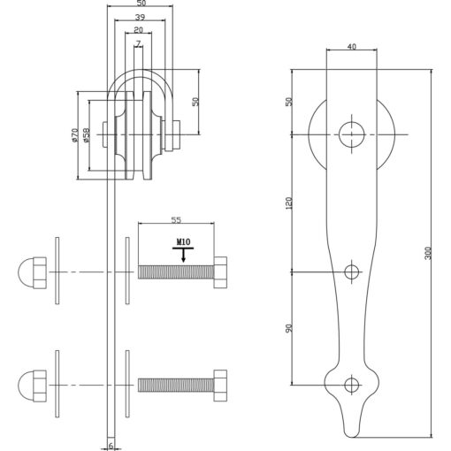 Set van 2 hangrollen pijlvorm 29 cm - Mat zwart - Technische tekening