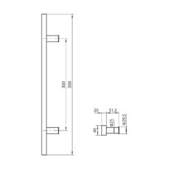 WALA rechthoekige deurgreep met rechte kant - Zwart - Technische tekening