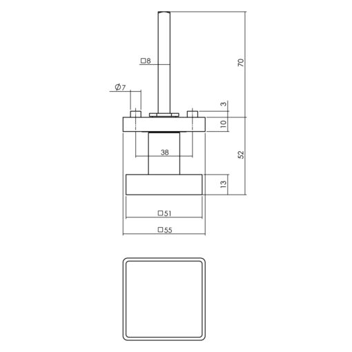 Intersteel 0023.212602 - Zwarte vaste deurknop vierkant - Technische tekening
