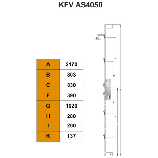 KFV AS4050 krukbediend meerpuntsluiting - Technische tekening