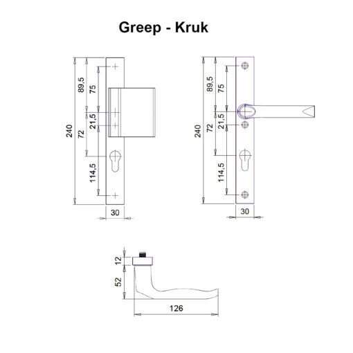 Dieckmann Breda veiligheidsbeslag smal SKG2 - Greep Kruk - Technische tekening