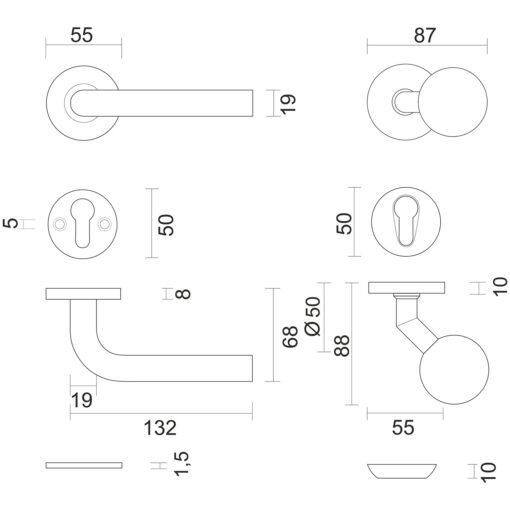 HDD voordeur-set L-Shape - Zwart structuur UV - Technische tekening